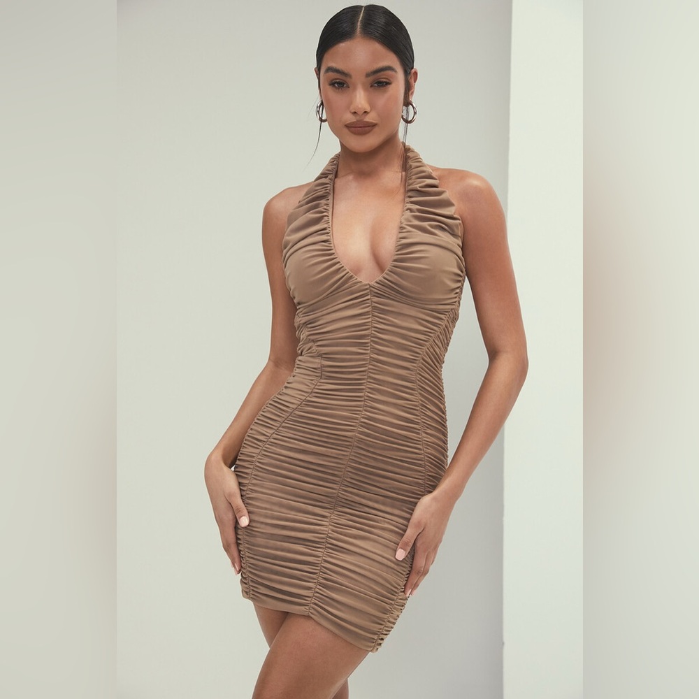Mistress Rocks Rain Check Caramel Ruched Mini Dress